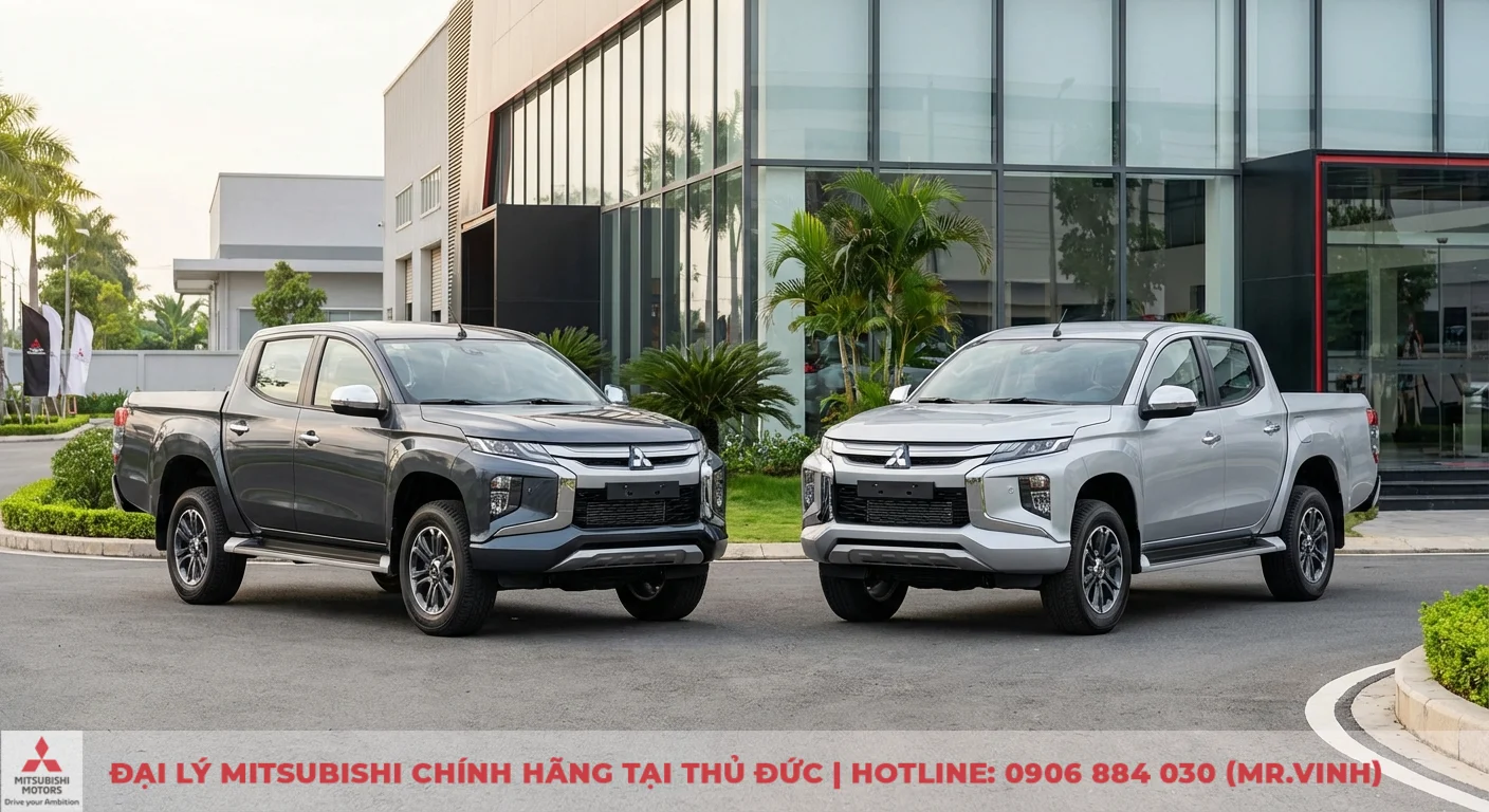 Hai chiếc b&aacute;n tải Mitsubishi Triton m&agrave;u x&aacute;m v&agrave; bạc đỗ song song trước t&ograve;a nh&agrave; hiện đại c&oacute; k&iacute;nh lớn v&agrave; cờ hiệu Mitsubishi