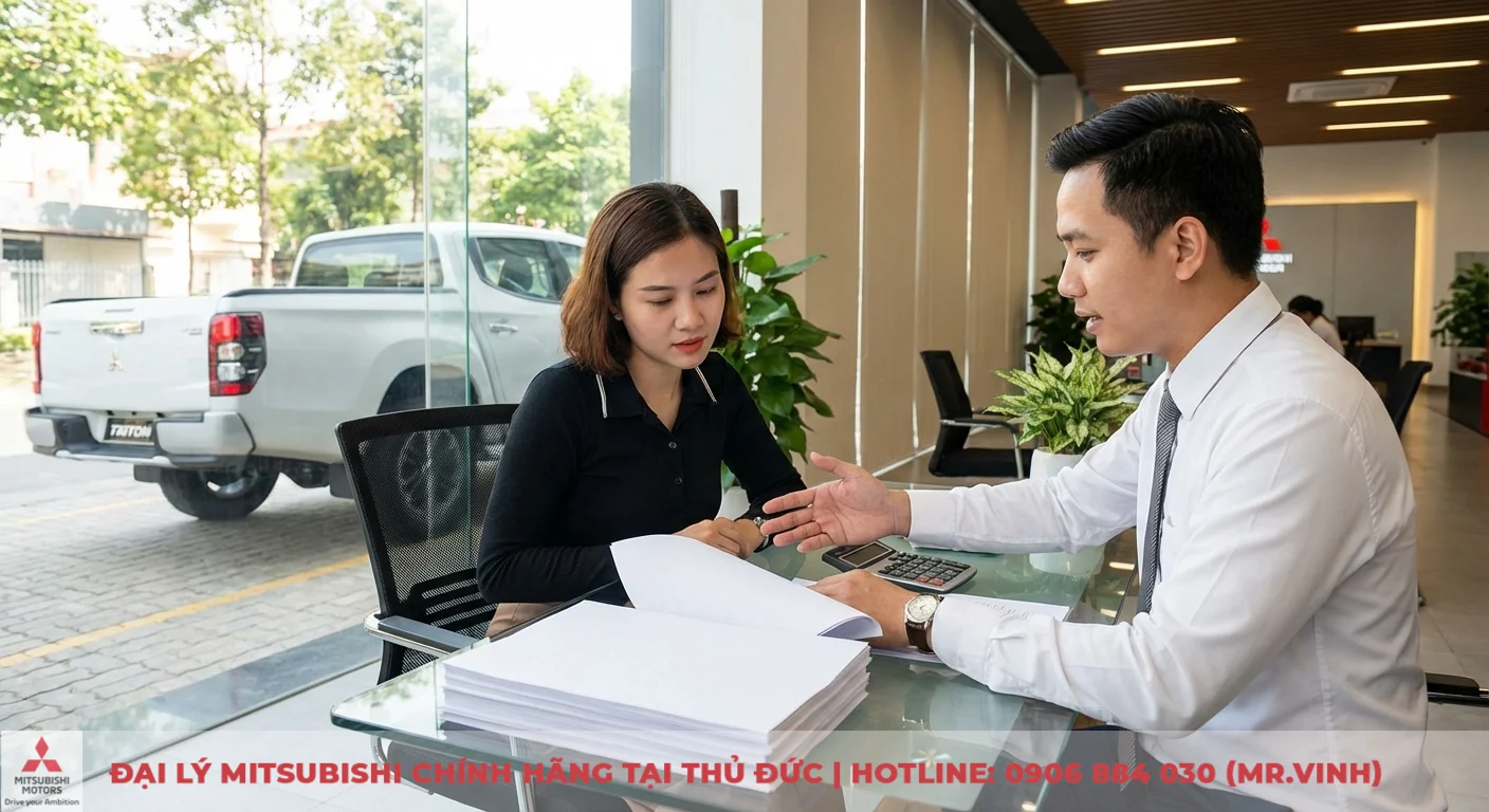 Nh&acirc;n vi&ecirc;n tư vấn hướng dẫn kh&aacute;ch h&agrave;ng nữ về thủ tục mua xe, b&agrave;n c&oacute; t&agrave;i liệu, m&aacute;y t&iacute;nh, ph&iacute;a ngo&agrave;i l&agrave; xe b&aacute;n tải Mitsubishi Triton