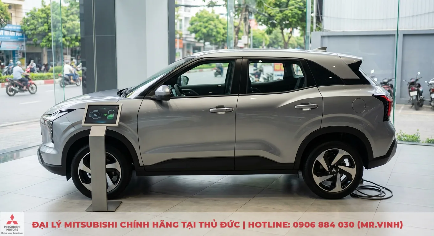 Mitsubishi Xforce 2026 tại showroom, m&agrave;n h&igrave;nh hiển thị c&ocirc;ng nghệ động cơ hybrid v&agrave; sạc điện ti&ecirc;n tiến