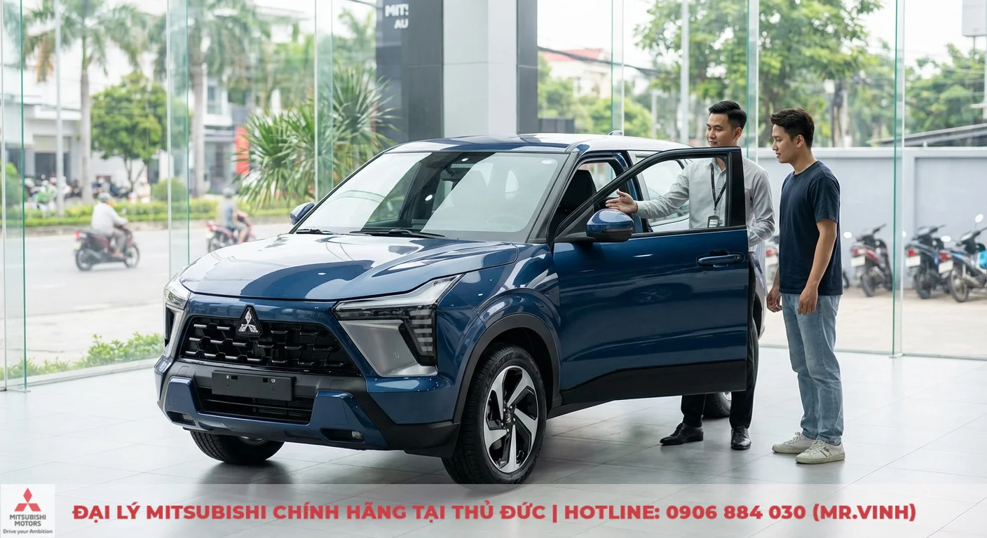 Mitsubishi Xforce 2026 m&agrave;u xanh với thiết kế ngoại thất mạnh mẽ, nội thất tiện nghi đang được nh&acirc;n vi&ecirc;n giới thiệu cho kh&aacute;ch h&agrave;ng tại showroom