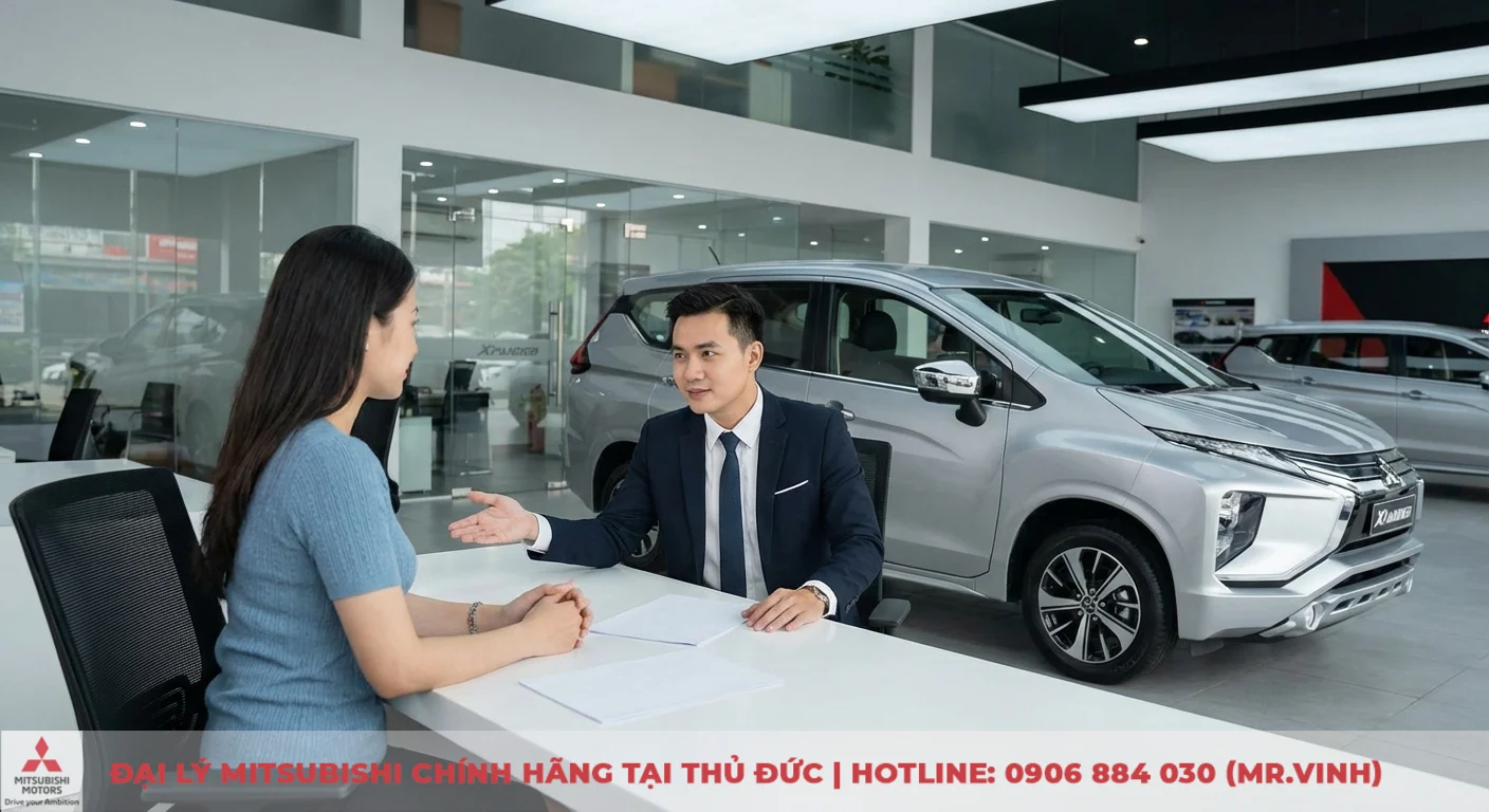 Mitsubishi Xpander thiết kế hiện đại tại showroom, nh&acirc;n vi&ecirc;n đang tư vấn kh&aacute;ch h&agrave;ng về ưu nhược điểm