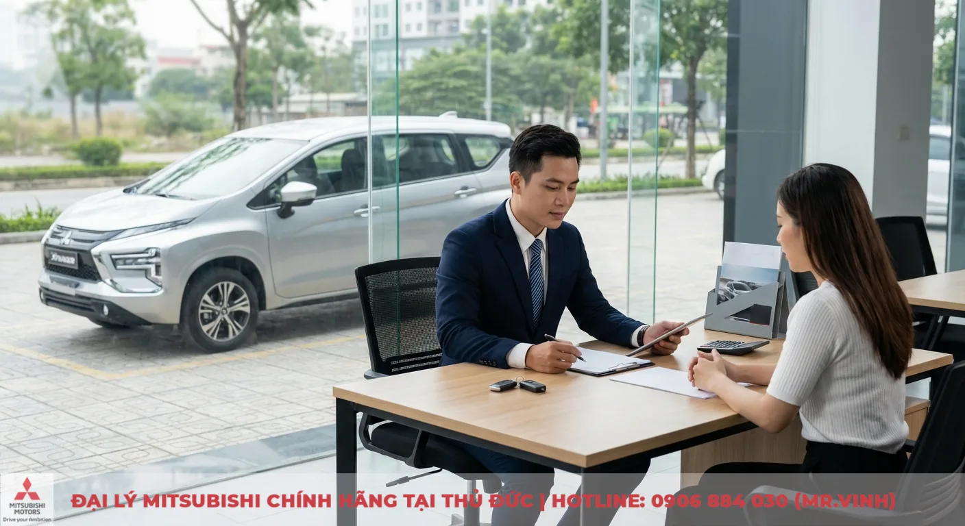 Kh&aacute;ch h&agrave;ng thảo luận chi ph&iacute; sử dụng v&agrave; khả năng giữ gi&aacute; Xpander 2026 với nh&acirc;n vi&ecirc;n tư vấn tại đại l&yacute;