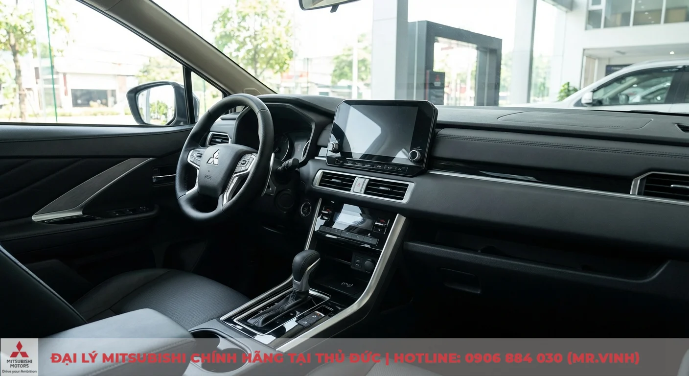 Nội thất Xpander Cross 2026 với m&agrave;n h&igrave;nh giải tr&iacute; lớn, sạc kh&ocirc;ng d&acirc;y v&agrave; cổng USB thể hiện cải tiến c&ocirc;ng nghệ đột ph&aacute;