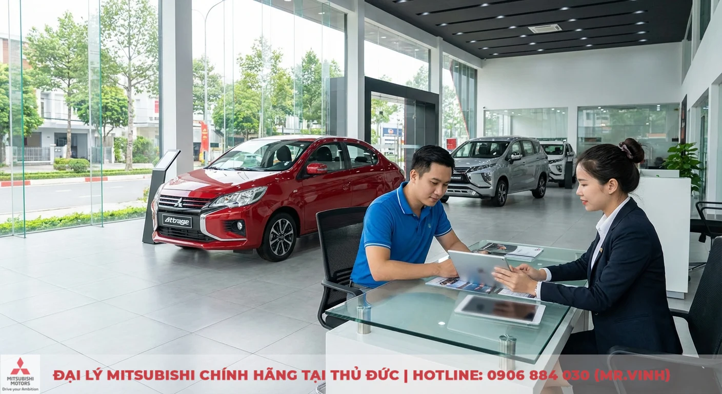 Đại lý Attrage 2026 Thủ Đức: Thông tin mới nhất & báo giá 1 Đại lý Mitsubishi Saigon 3S Thủ Đức với không gian hiện đại, trưng bày Attrage đỏ và tư vấn viên hỗ trợ khách hàng
