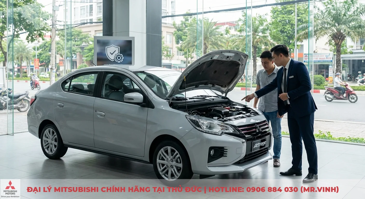 Đại lý Attrage 2026 Thủ Đức: Thông tin mới nhất & báo giá 2 Xe Mitsubishi Attrage 2026 màu bạc mở nắp capo, nhân viên giới thiệu động cơ MIVEC và công nghệ an toàn cho khách hàng