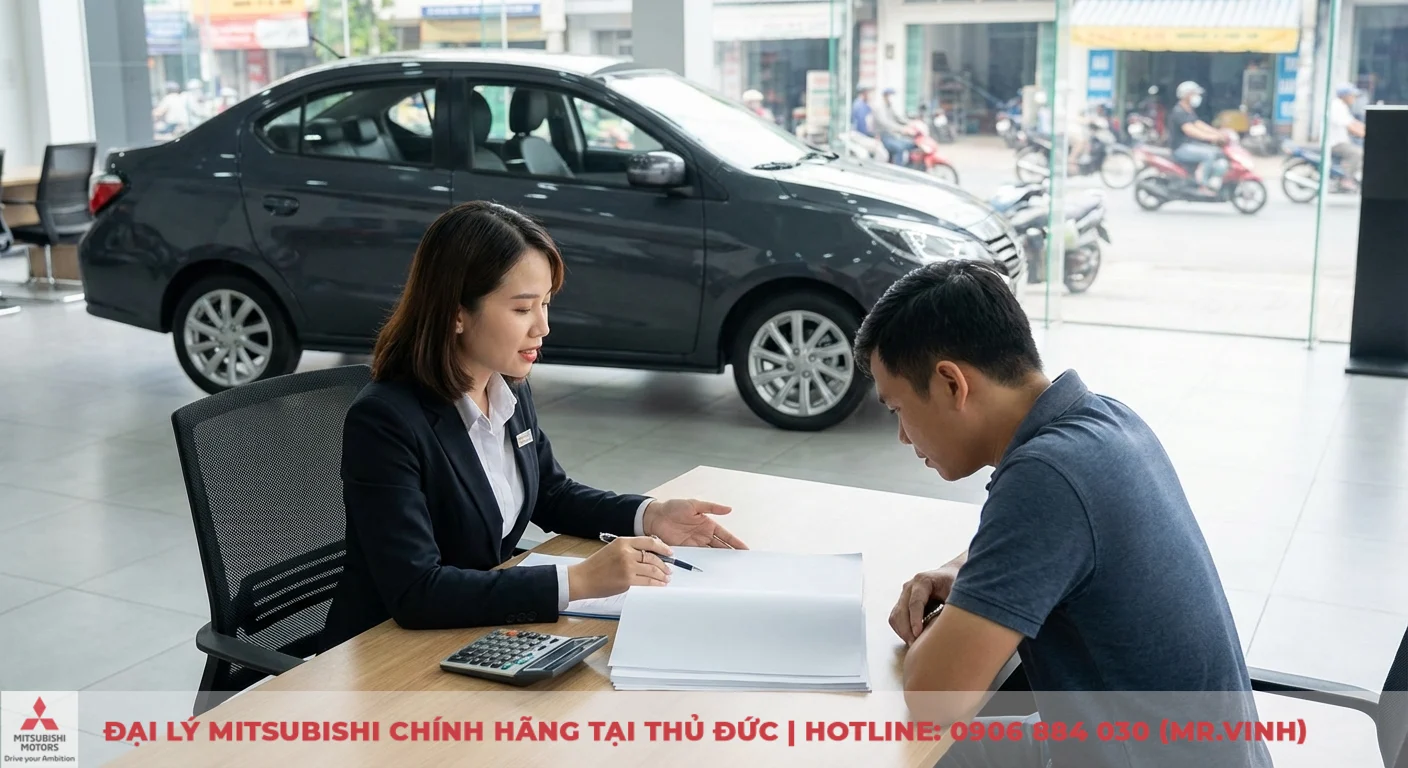 Đại lý Attrage 2026 Thủ Đức: Thông tin mới nhất & báo giá 4 Nhân viên tư vấn hỗ trợ khách hàng thực hiện quy trình đặt cọc và đăng ký thông tin xe Attrage 2026 tại showroom