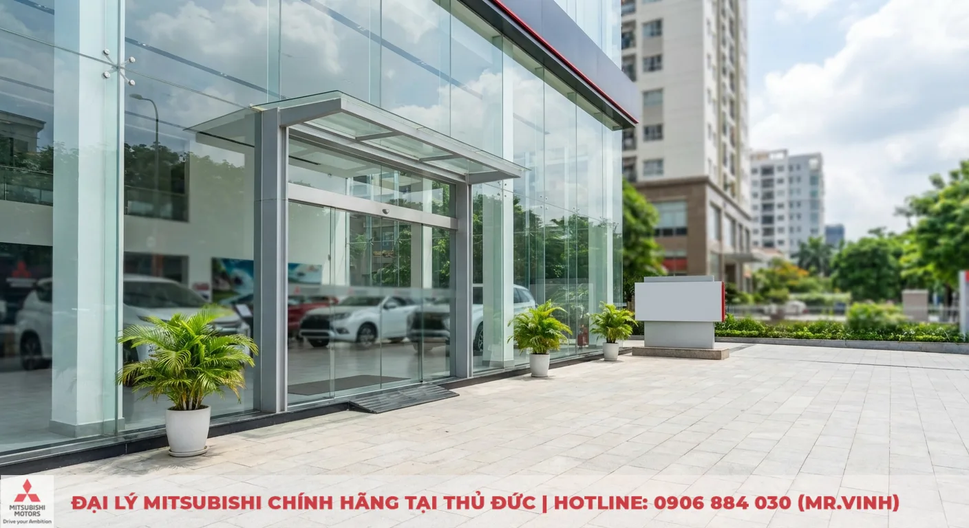 Đại lý Attrage 2026 Thủ Đức: Thông tin mới nhất & báo giá 6 Mặt tiền showroom Mitsubishi Saigon 3S Thủ Đức với kiến trúc kính, lối vào và biển hiệu giúp khách dễ liên hệ
