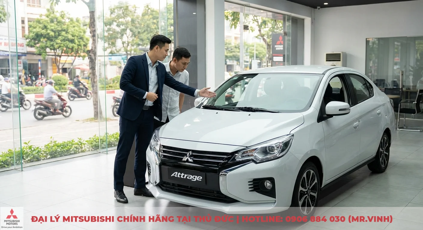 Đại lý Attrage 2026 TP.HCM: Báo giá, lái thử & ưu đãi đặt trước 1 Mitsubishi Attrage 2026 màu trắng với thiết kế Dynamic Shield đang được khách hàng khám phá tại showroom cùng nhân viên tư vấn