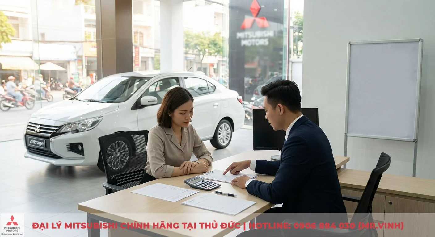 Đại lý Attrage 2026 TP.HCM: Báo giá, lái thử & ưu đãi đặt trước 3 Nhân viên tư vấn Mitsubishi hướng dẫn khách hàng hoàn tất hồ sơ và thủ tục mua xe Attrage 2026 trả góp