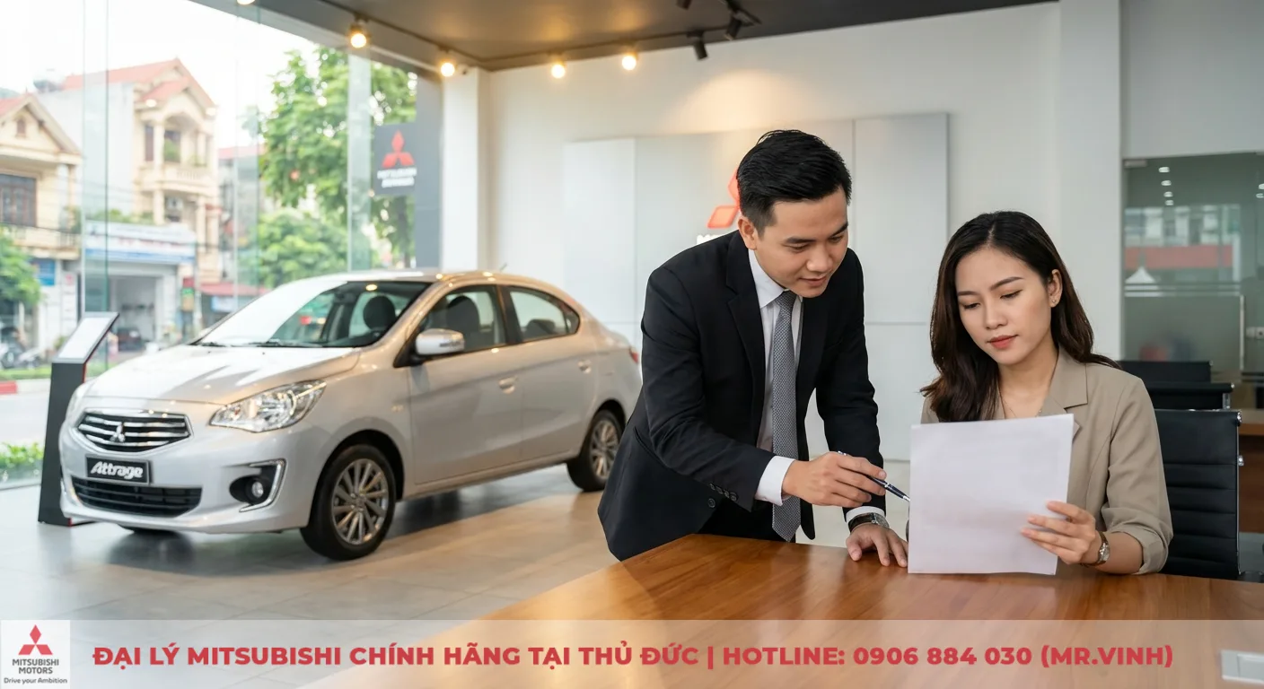 Đại lý Attrage 2026 TP.HCM: Báo giá, lái thử & ưu đãi đặt trước 4 Nhân viên đại lý Mitsubishi Saigon 3S tư vấn khách hàng về trải nghiệm lái thử xe Attrage 2026