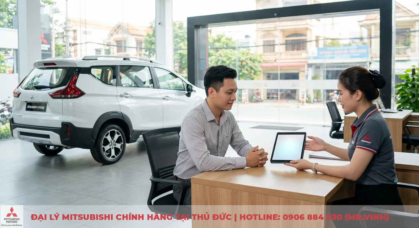 Đại lý Destinator 2026 Thủ Đức – Báo giá & lái thử Mitsubishi 1 Nhân viên Mitsubishi tại showroom Thủ Đức tư vấn khách hàng bằng máy tính bảng bên cạnh xe Xpander Cross trắng