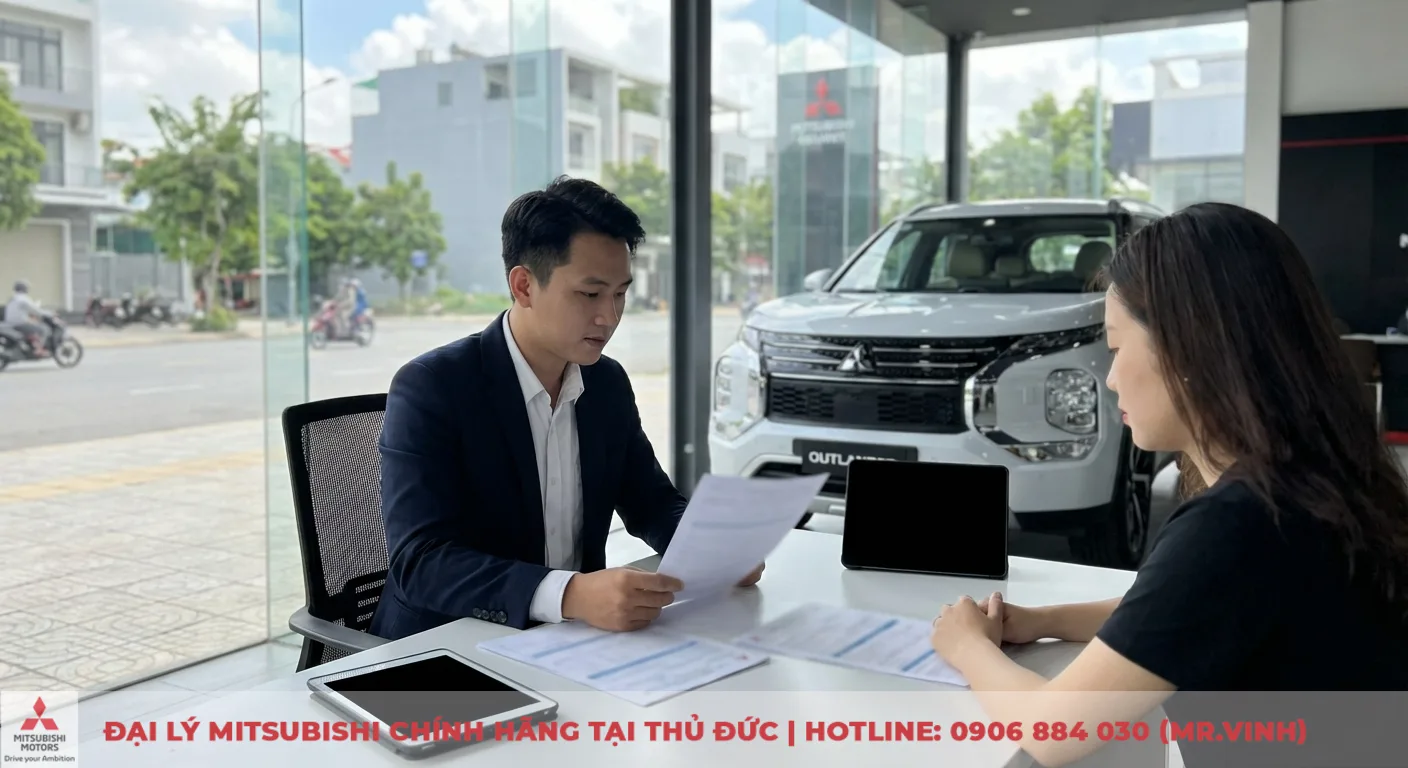 Đại lý Destinator 2026 Thủ Đức – Báo giá & lái thử Mitsubishi 2 Một nhân viên nam và khách hàng nữ ngồi tại bàn trong showroom Mitsubishi, xem giấy tờ trước xe Outlander SUV màu trắng