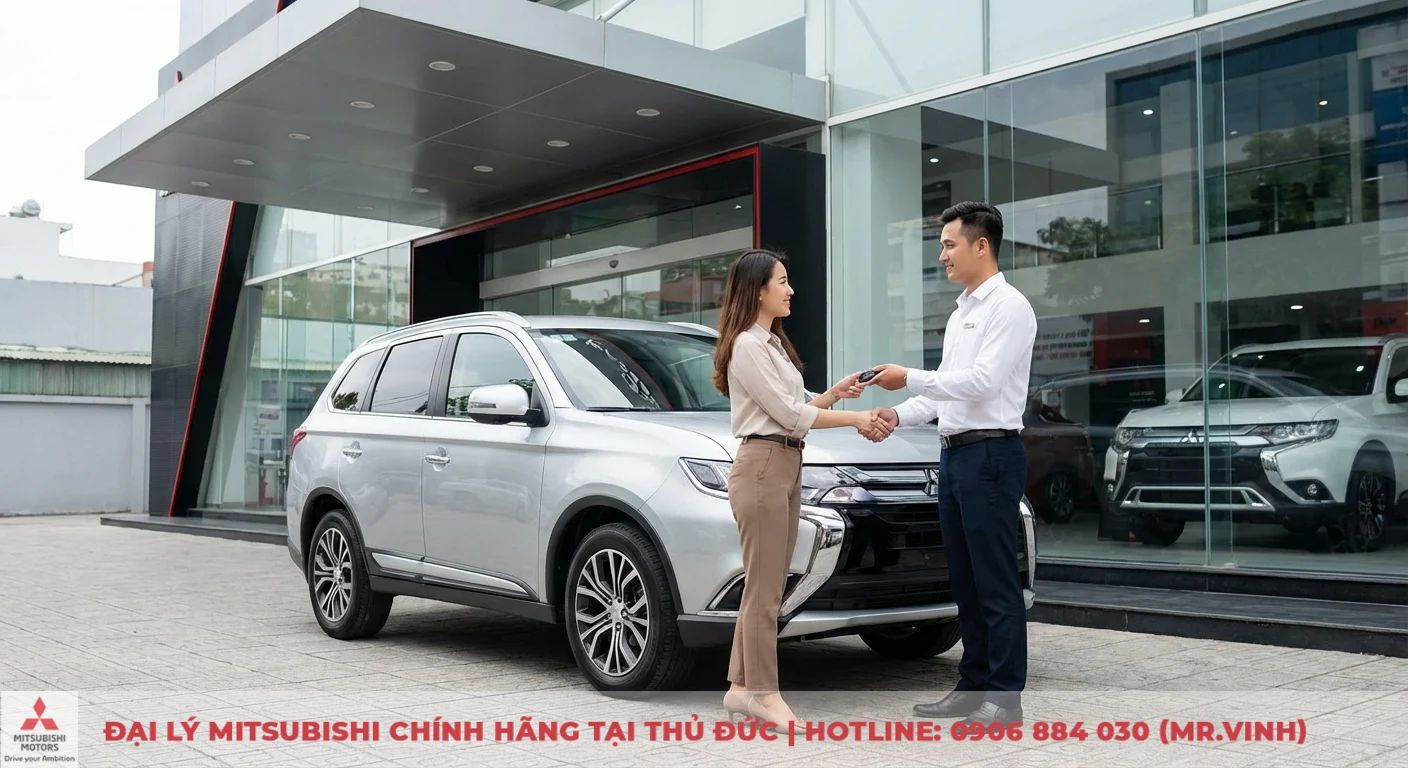 Đại lý Destinator 2026 Thủ Đức – Báo giá & lái thử Mitsubishi 3 Người phụ nữ nhận chìa khóa xe Destinator 2026 màu bạc từ nhân viên bán hàng tại đại lý, họ bắt tay trước showroom kính