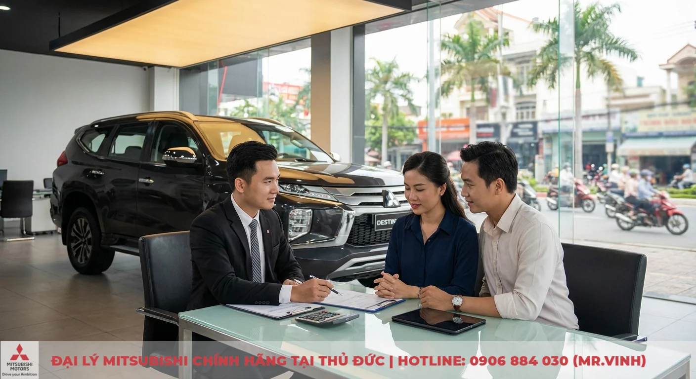 Đại lý Destinator 2026 Thủ Đức – Báo giá & lái thử Mitsubishi 4 Nhân viên tư vấn đang trao đổi gói mua xe Destinator trả góp với cặp đôi khách hàng tại showroom ô tô
