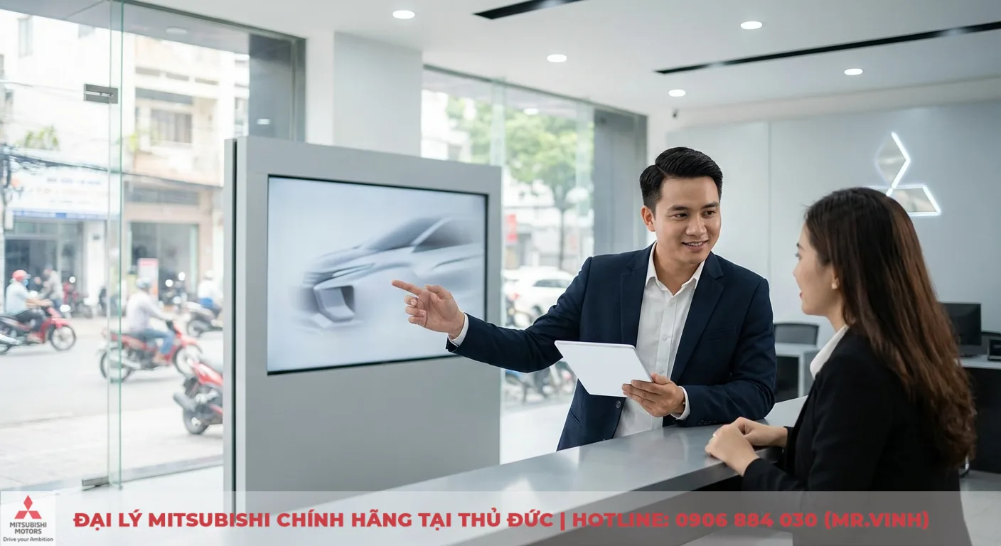 Đại lý Destinator 2026 TP.HCM: Báo giá, lái thử & ưu đãi 1 Nhân viên Mitsubishi giới thiệu mẫu xe Destinator 2026 trên màn hình cho khách hàng tại showroom, có logo Mitsubishi phát sáng