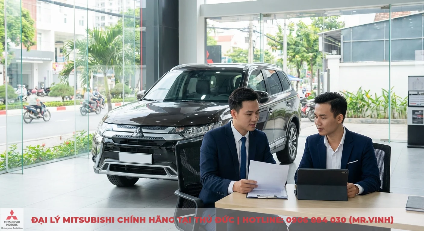 Đại lý Destinator 2026 TP.HCM: Báo giá, lái thử & ưu đãi 2 Hai người đàn ông mặc vest ngồi bàn trong showroom Mitsubishi, xem tài liệu mua xe Destinator và ưu đãi, có SUV phía sau
