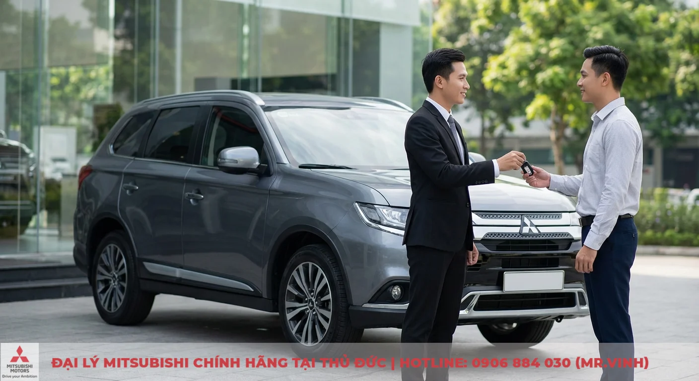 Đại lý Destinator 2026 TP.HCM: Báo giá, lái thử & ưu đãi 3 Hai người đàn ông trao chìa khóa xe SUV Mitsubishi màu xám trước tòa nhà kính, tượng trưng lái thử hoặc nhận xe