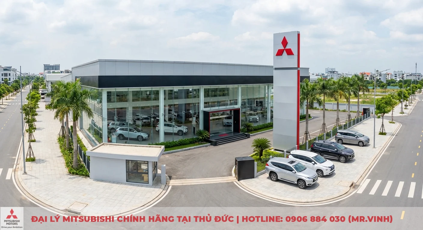 Đại lý Destinator 2026 TP.HCM: Báo giá, lái thử & ưu đãi 4 Đại lý Mitsubishi hiện đại với tòa nhà kính trưng bày xe, biển hiệu logo đỏ lớn và nhiều xe đậu bên ngoài