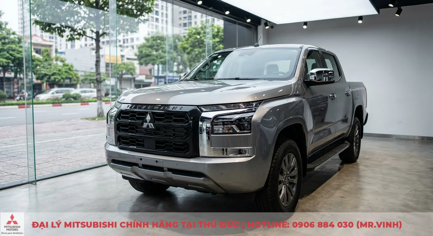 Xe b&aacute;n tải Mitsubishi Triton m&agrave;u x&aacute;m trong showroom, với đầu xe lưới tản nhiệt đen, đ&egrave;n pha LED v&agrave; logo Mitsubishi, nh&igrave;n ra đường phố