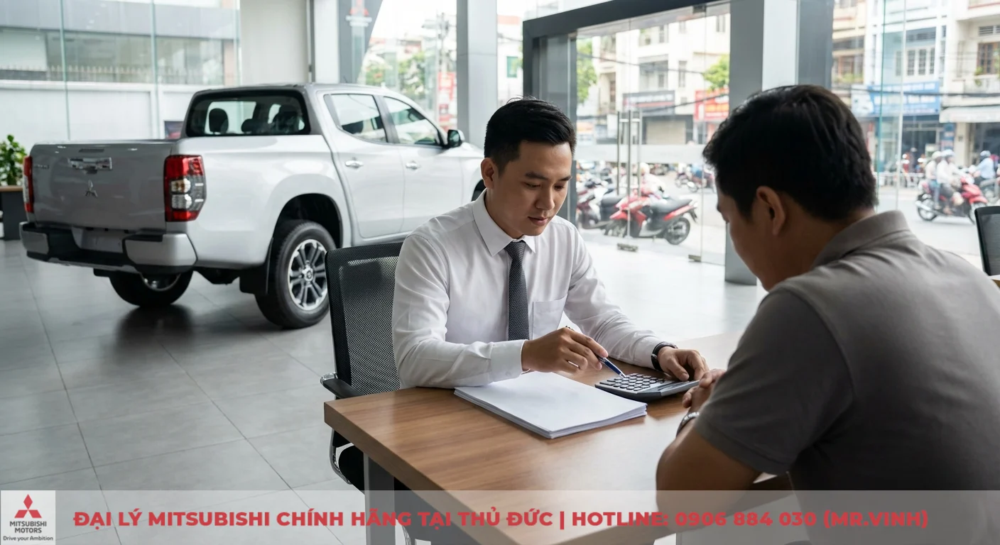 Hai người đ&agrave;n &ocirc;ng ngồi ở b&agrave;n l&agrave;m việc trong showroom &ocirc; t&ocirc;, một nh&acirc;n vi&ecirc;n tư vấn đang t&iacute;nh to&aacute;n gi&aacute; xe Mitsubishi Triton cho kh&aacute;ch h&agrave;ng