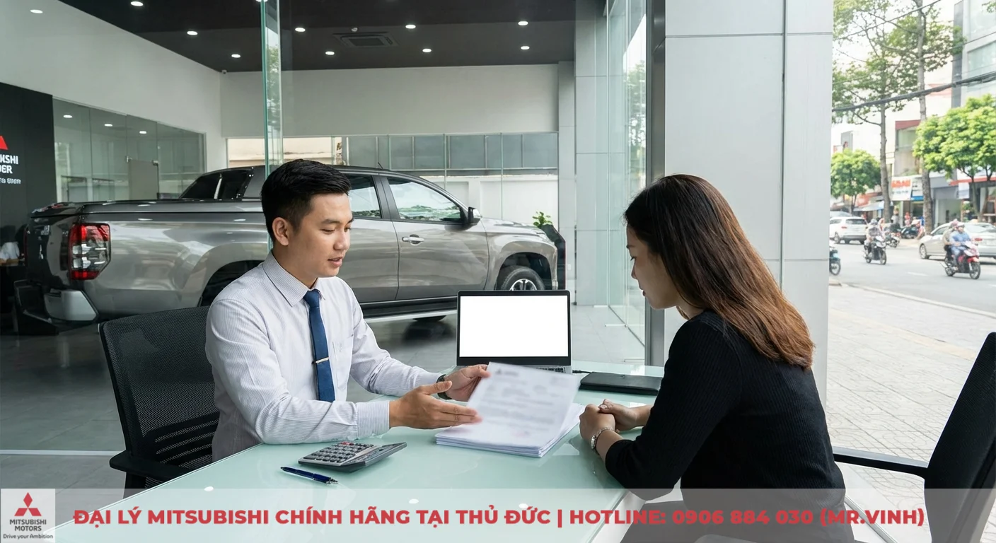 Người đ&agrave;n &ocirc;ng chỉ giấy tờ cho phụ nữ tại b&agrave;n k&iacute;nh, laptop, xe b&aacute;n tải Mitsubishi Triton trong showroom, đường phố đ&ocirc;ng đ&uacute;c ngo&agrave;i cửa sổ