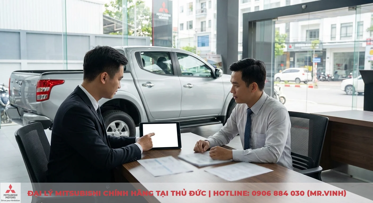 Hai người đ&agrave;n &ocirc;ng đang tư vấn tại đại l&yacute; Mitsubishi, một người chỉ m&aacute;y t&iacute;nh bảng, với xe Triton v&agrave; t&agrave;i liệu tr&ecirc;n b&agrave;n