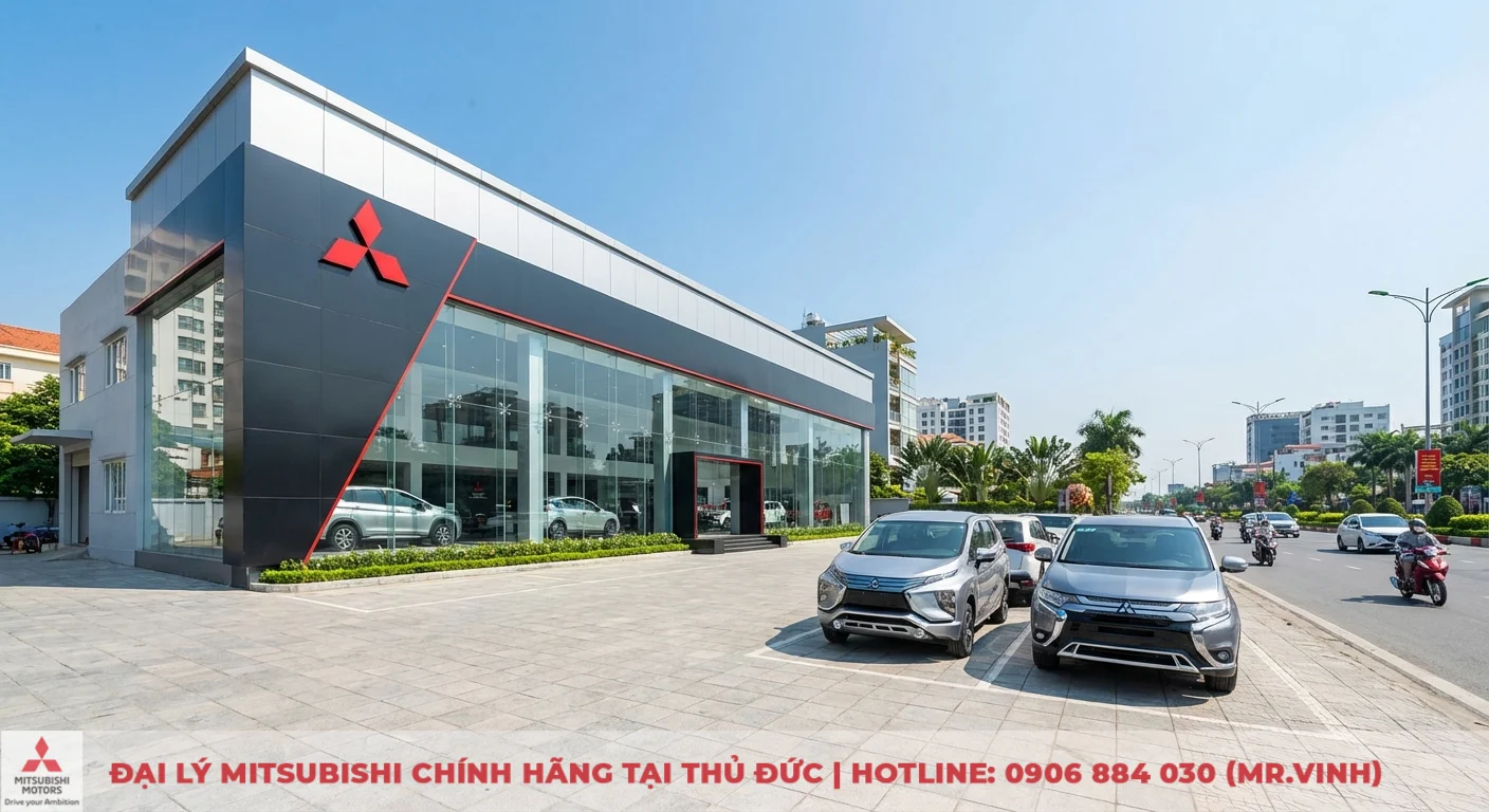 T&ograve;a nh&agrave; showroom Mitsubishi hiện đại c&oacute; mặt tiền k&iacute;nh lớn, logo đỏ nổi bật, nhiều xe hơi v&agrave; vỉa h&egrave; b&ecirc;n cạnh đường phố