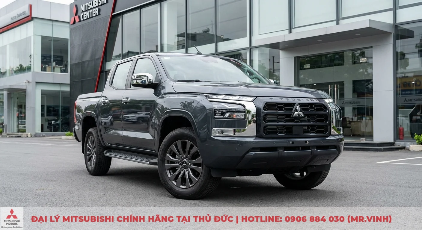 Đại lý Triton 2026 TP.HCM - Báo giá, khuyến mãi và lái thử 1 Xe bán tải Mitsubishi Triton màu xám đậm mới với lưới tản nhiệt lớn, đèn LED sắc sảo, mâm đa chấu đỗ trước đại lý Mitsubishi Center