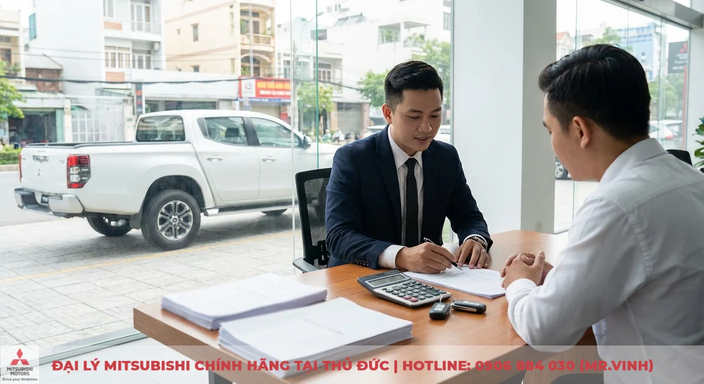 Đại lý Triton 2026 TP.HCM - Báo giá, khuyến mãi và lái thử 3 Hai người đàn ông ngồi tại bàn với tài liệu, máy tính, chìa khóa xe đang thảo luận giao dịch mua xe Mitsubishi Triton đậu bên ngoài