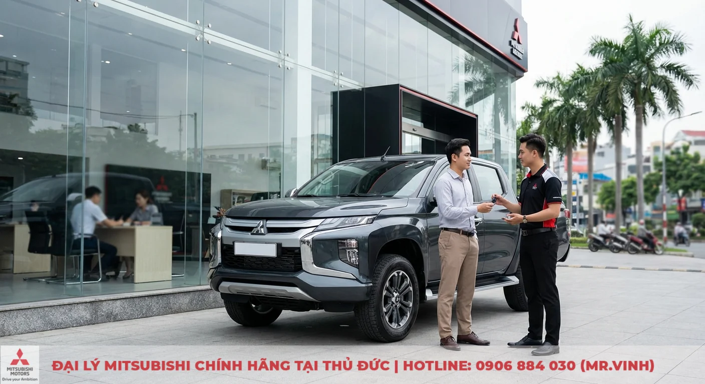 Đại lý Triton 2026 TP.HCM - Báo giá, khuyến mãi và lái thử 5 Hai người đàn ông trao chìa khóa xe bán tải Mitsubishi Triton màu xám tại vỉa hè showroom, chuẩn bị cho khách hàng lái thử