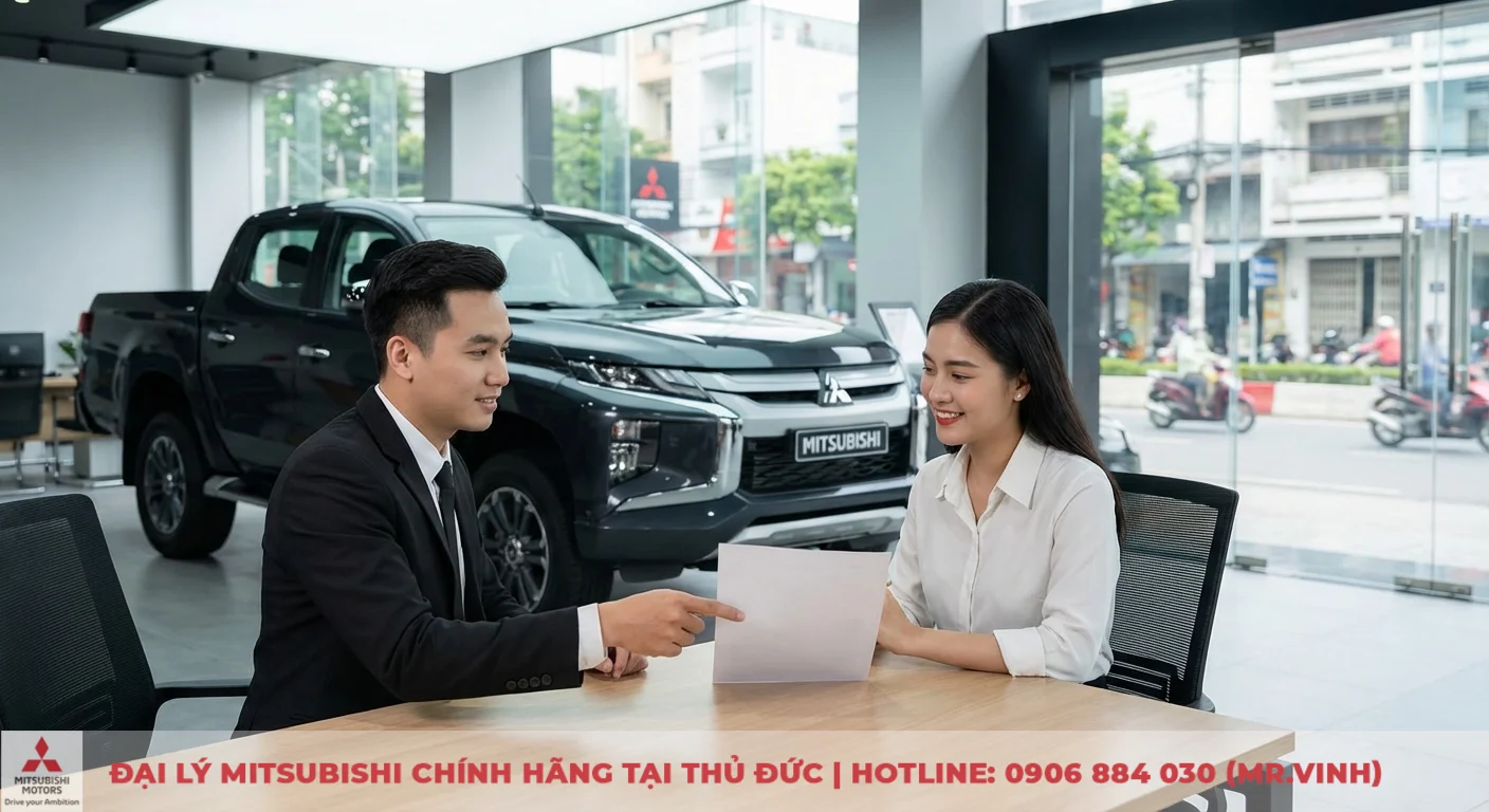 Đại lý Triton 2026 TP.HCM - Báo giá, khuyến mãi và lái thử 6 Nam nhân viên và nữ khách hàng đang thảo luận tài liệu tại bàn gỗ trong showroom Mitsubishi, có xe bán tải Triton phía sau