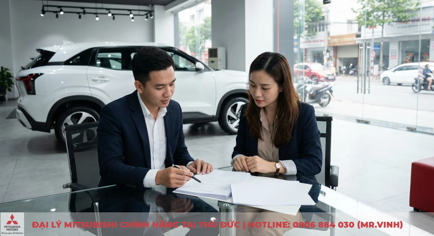 Tư vấn vi&ecirc;n Mitsubishi Thủ Đức trao đổi về gi&aacute; v&agrave; hợp đồng mua xe Xforce 2026 với kh&aacute;ch h&agrave;ng