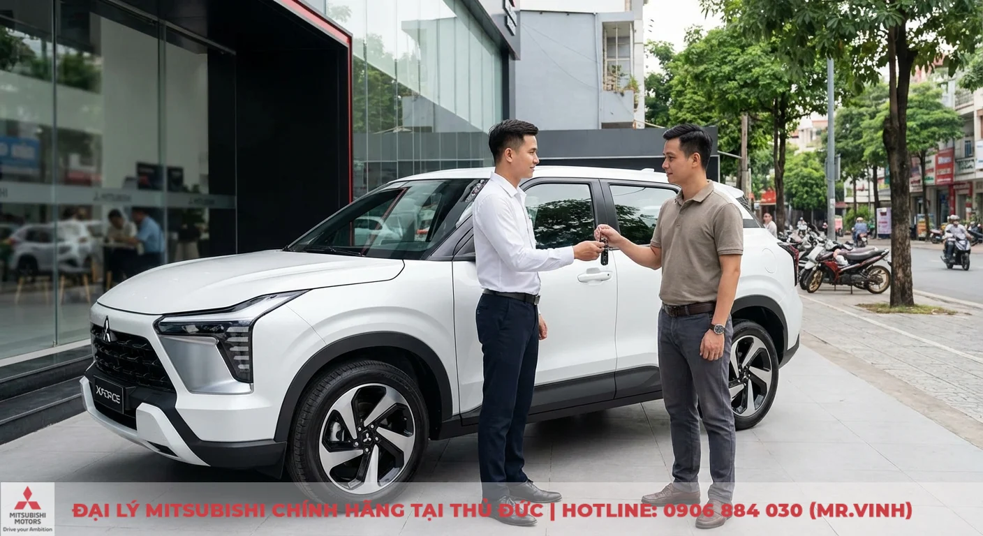 Mitsubishi Xforce 2024 trắng đang được b&agrave;n giao ch&igrave;a kh&oacute;a cho kh&aacute;ch h&agrave;ng trải nghiệm tại Đại l&yacute; Thủ Đức