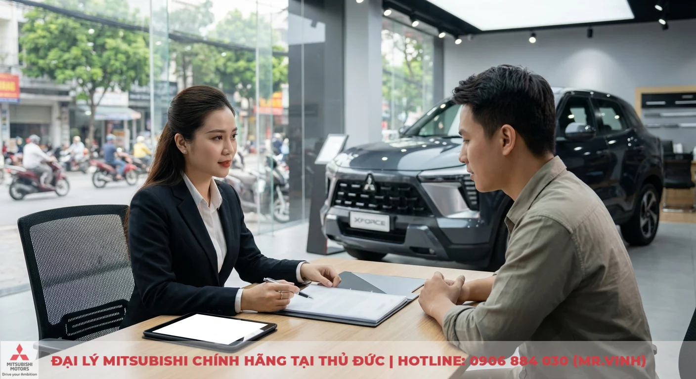 Nh&acirc;n vi&ecirc;n tư vấn Mitsubishi Xforce hướng dẫn kh&aacute;ch h&agrave;ng về quy tr&igrave;nh v&agrave; thủ tục mua trả g&oacute;p tại đại l&yacute;