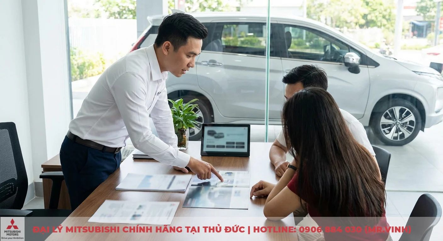 Nh&acirc;n vi&ecirc;n đại l&yacute; Mitsubishi Thủ Đức cung cấp tư vấn chuy&ecirc;n nghiệp cho kh&aacute;ch h&agrave;ng về c&aacute;c d&ograve;ng xe