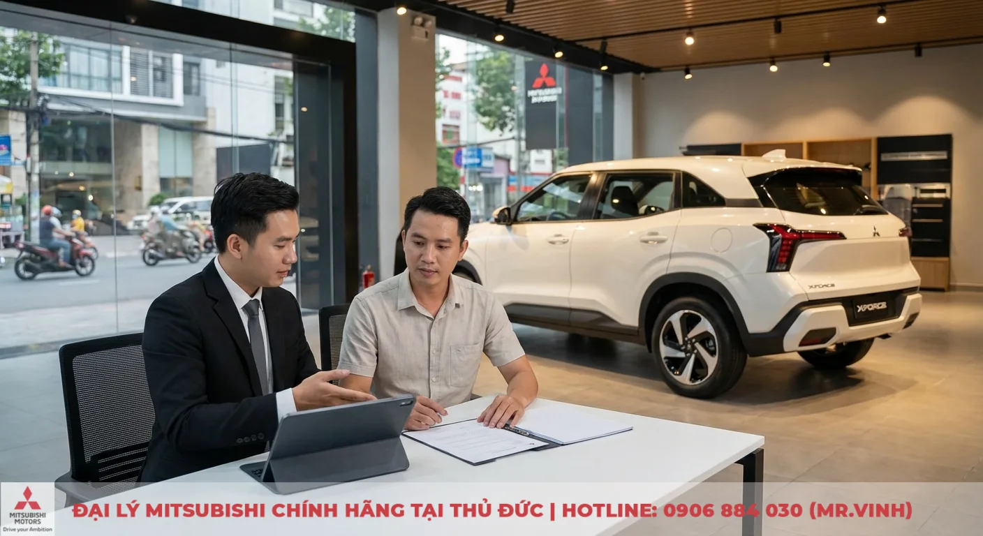 Đại lý Xforce 2026 TP.HCM - Cập nhật tin tức & báo giá mới nhất 3 Mitsubishi Xforce trắng trong showroom, nhân viên đang tư vấn báo giá và các ưu đãi đặc biệt mua xe cho khách hàng tại TP.HCM