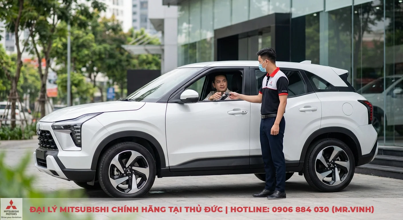 Đại lý Xforce 2026 TP.HCM - Cập nhật tin tức & báo giá mới nhất 4 Nhân viên đại lý bàn giao chìa khóa xe Mitsubishi Xforce cho khách hàng trải nghiệm lái thử tại TP.HCM