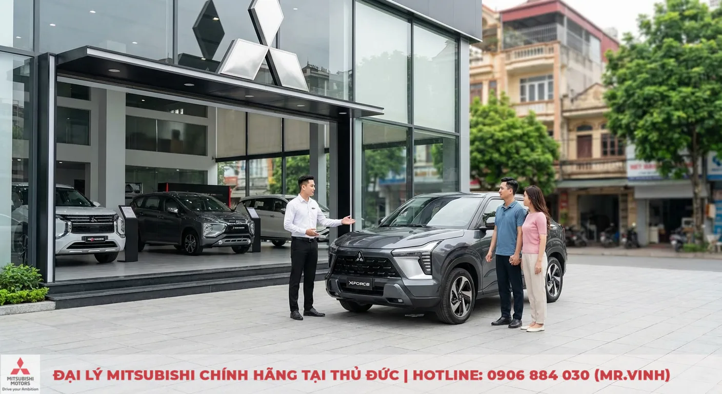 Đại lý Xforce 2026 TP.HCM - Cập nhật tin tức & báo giá mới nhất 5 Đại lý Mitsubishi với nhân viên chuyên nghiệp đang tư vấn khách hàng về mẫu xe Xforce và các dòng xe khác tại showroom ở TP.HCM