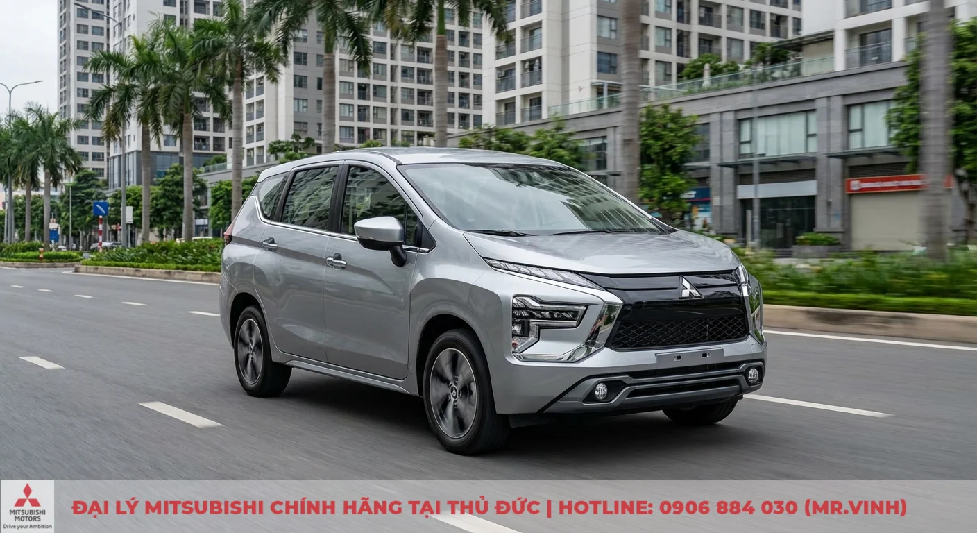 Đại lý Xpander 2026 Thủ Đức: Báo giá, lái thử & khuyến mãi 5 Mitsubishi Xpander 2026 màu bạc vận hành êm ái, ổn định trên đường phố đô thị