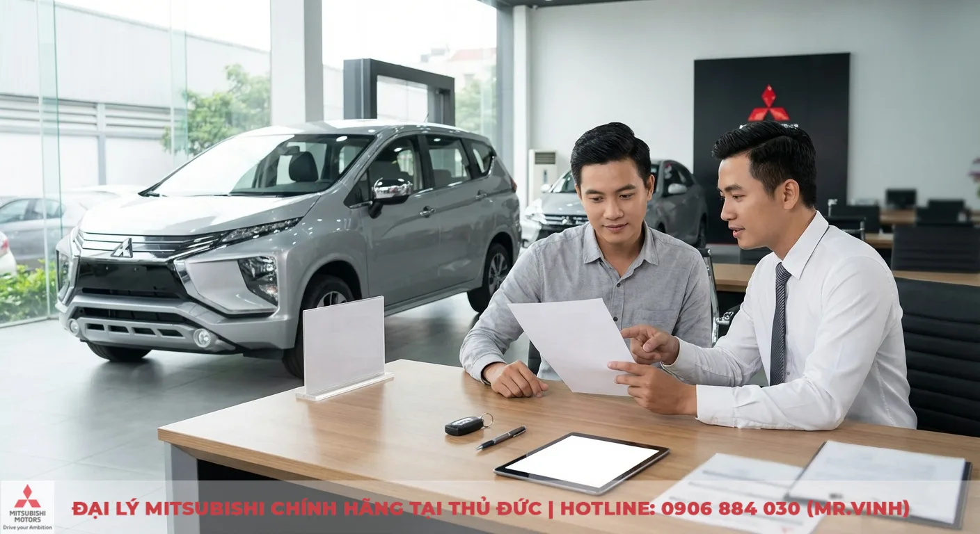 Tư vấn vi&ecirc;n Mitsubishi giới thiệu b&aacute;o gi&aacute; v&agrave; ưu đ&atilde;i Xpander 2026 cho kh&aacute;ch h&agrave;ng tại showroom