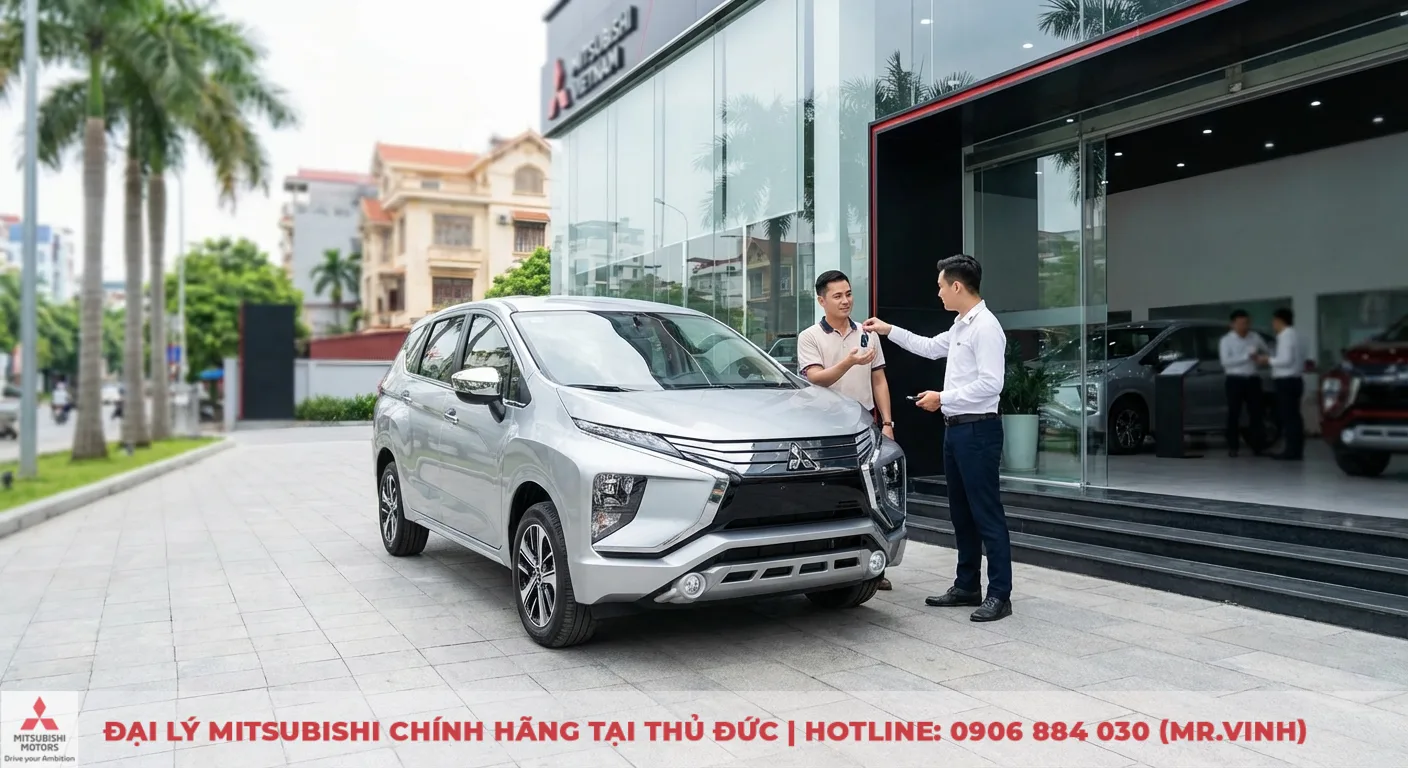 Kh&aacute;ch h&agrave;ng nhận ch&igrave;a kh&oacute;a Xpander 2026 từ chuy&ecirc;n vi&ecirc;n Mitsubishi Saigon 3S chuẩn bị cho buổi l&aacute;i thử