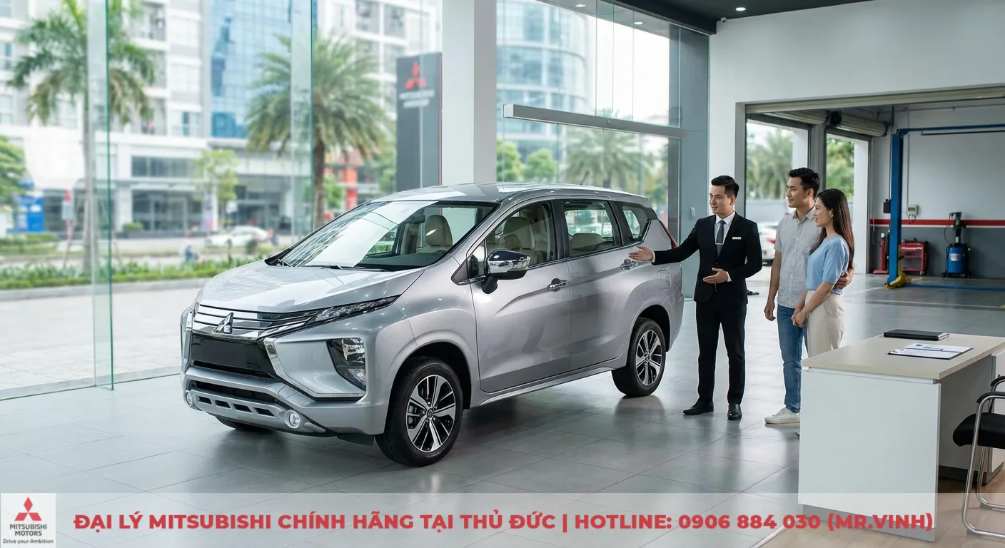 Kh&aacute;ch h&agrave;ng được nh&acirc;n vi&ecirc;n Mitsubishi Saigon 3S tư vấn chuy&ecirc;n nghiệp về xe Xpander tại showroom hiện đại