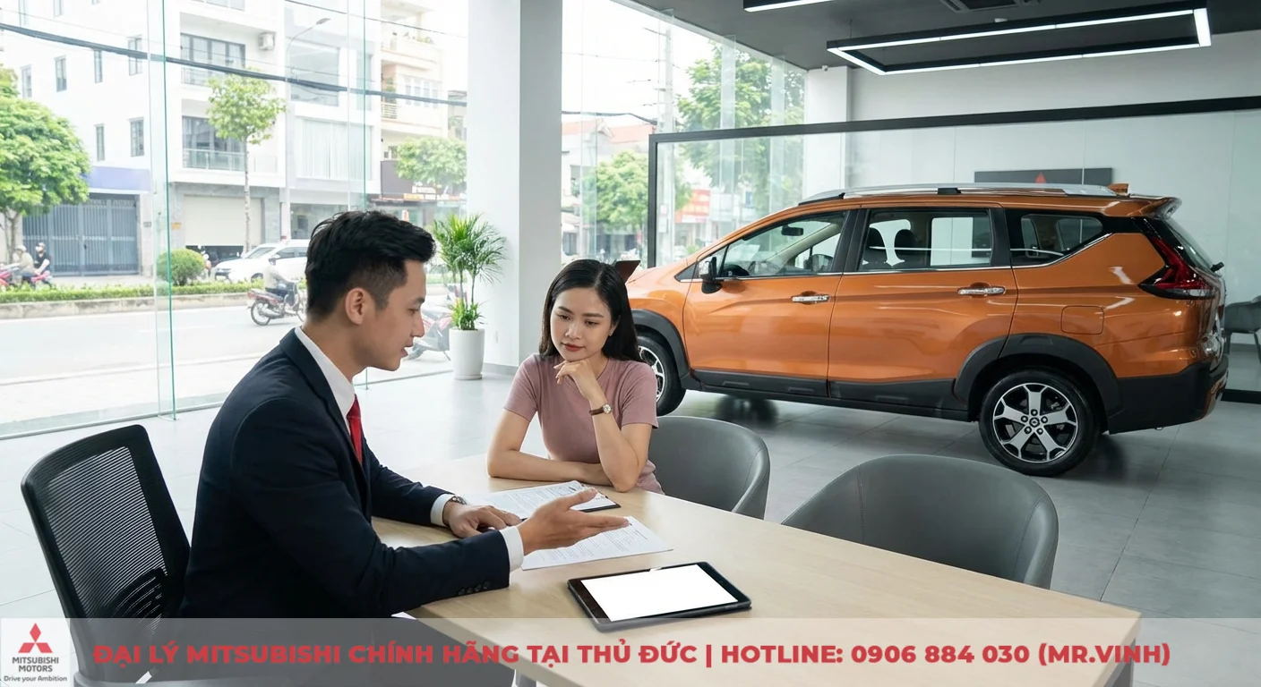 Nh&acirc;n vi&ecirc;n đại l&yacute; tư vấn gi&aacute; lăn b&aacute;nh Xpander Cross 2026 v&agrave; ch&iacute;nh s&aacute;ch ưu đ&atilde;i cho kh&aacute;ch h&agrave;ng tại showroom Thủ Đức, c&oacute; xe Xpander Cross m&agrave;u cam