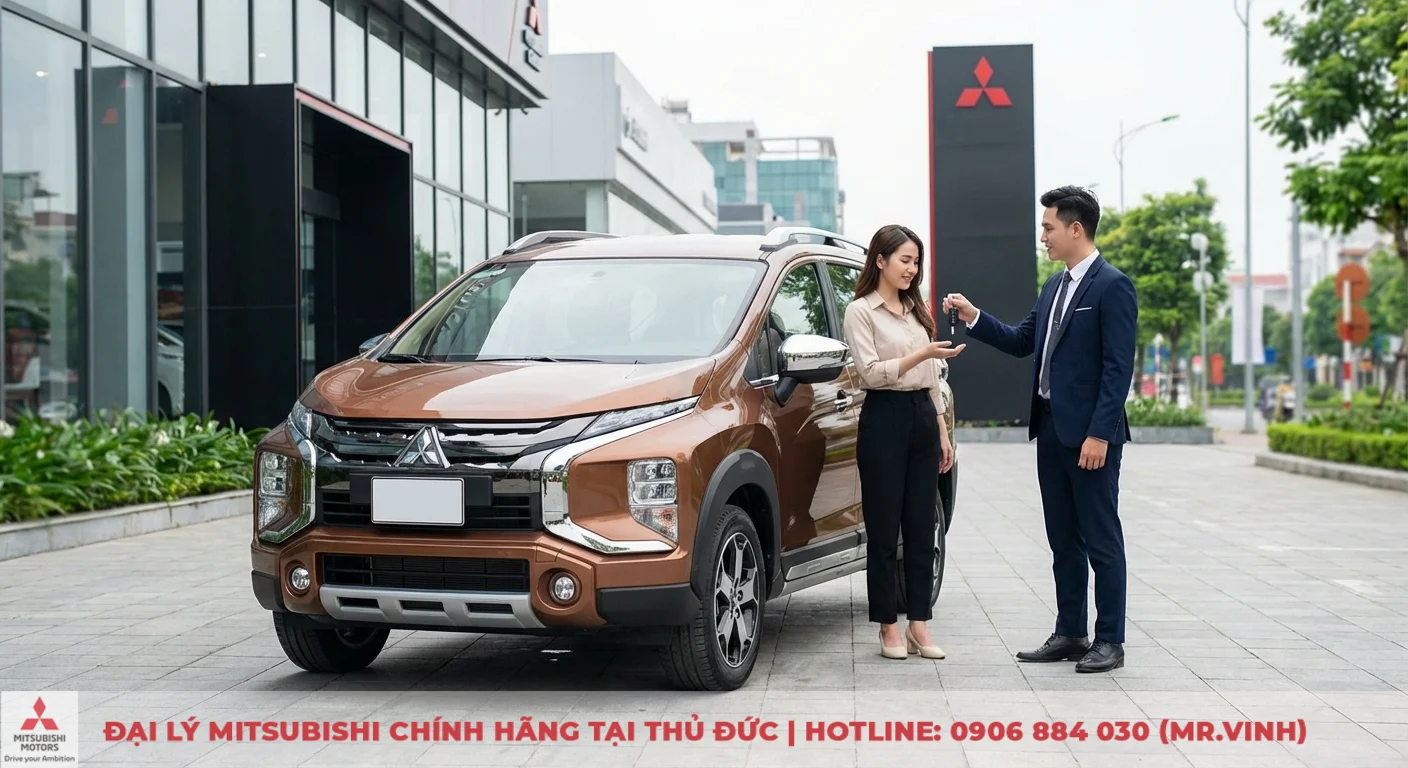 Nữ kh&aacute;ch h&agrave;ng nhận b&agrave;n giao ch&igrave;a kh&oacute;a xe Xpander Cross tại đại l&yacute; Mitsubishi Saigon 3S Thủ Đức