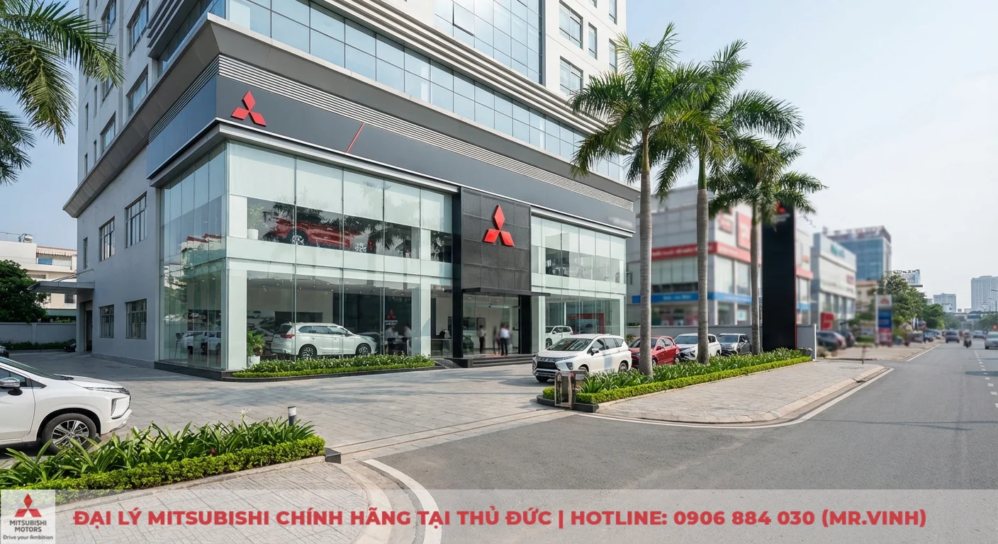 Đại l&yacute; Mitsubishi Saigon 3S Thủ Đức hiện đại với showroom k&iacute;nh trưng b&agrave;y xe v&agrave; mặt tiền dễ tiếp cận tr&ecirc;n đường lớn