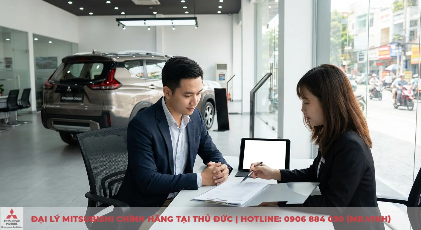 Kh&aacute;ch h&agrave;ng đang được tư vấn vi&ecirc;n cung cấp b&aacute;o gi&aacute; v&agrave; ưu đ&atilde;i sớm Xpander Cross 2026 tại showroom TP.HCM