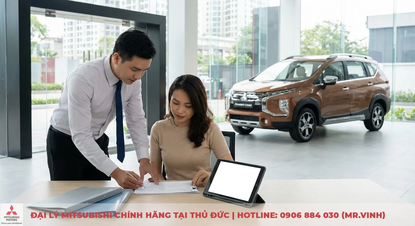 Ho&agrave;n tất thủ tục mua xe Xpander Cross 2026 trả g&oacute;p, nh&acirc;n vi&ecirc;n tư vấn hỗ trợ kh&aacute;ch h&agrave;ng k&yacute; giấy tờ tại đại l&yacute;