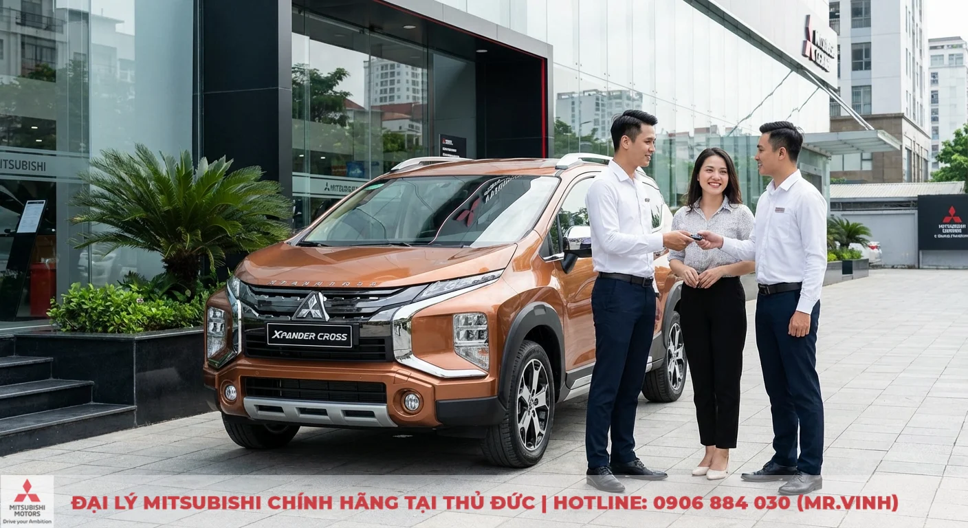 Kh&aacute;ch h&agrave;ng nhận ch&igrave;a kh&oacute;a Xpander Cross 2026 m&agrave;u cam tại showroom Mitsubishi S&agrave;i G&ograve;n để l&aacute;i thử ở TP.HCM