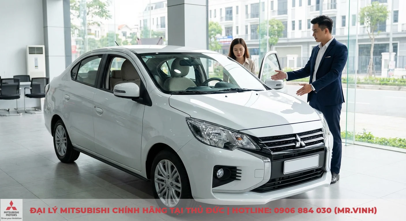Mitsubishi Attrage phi&ecirc;n bản hiện h&agrave;nh tại showroom, nổi bật với thiết kế Dynamic Shield trẻ trung v&agrave; tiện nghi