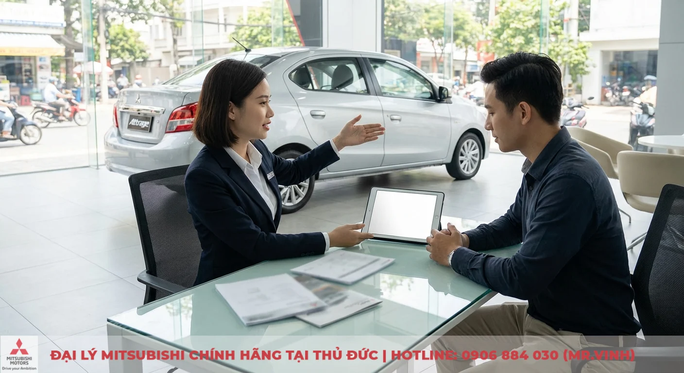 Nh&acirc;n vi&ecirc;n Mitsubishi Saigon 3S tư vấn chuy&ecirc;n s&acirc;u về xe Attrage cho kh&aacute;ch h&agrave;ng trước khi l&aacute;i thử tại TP.HCM